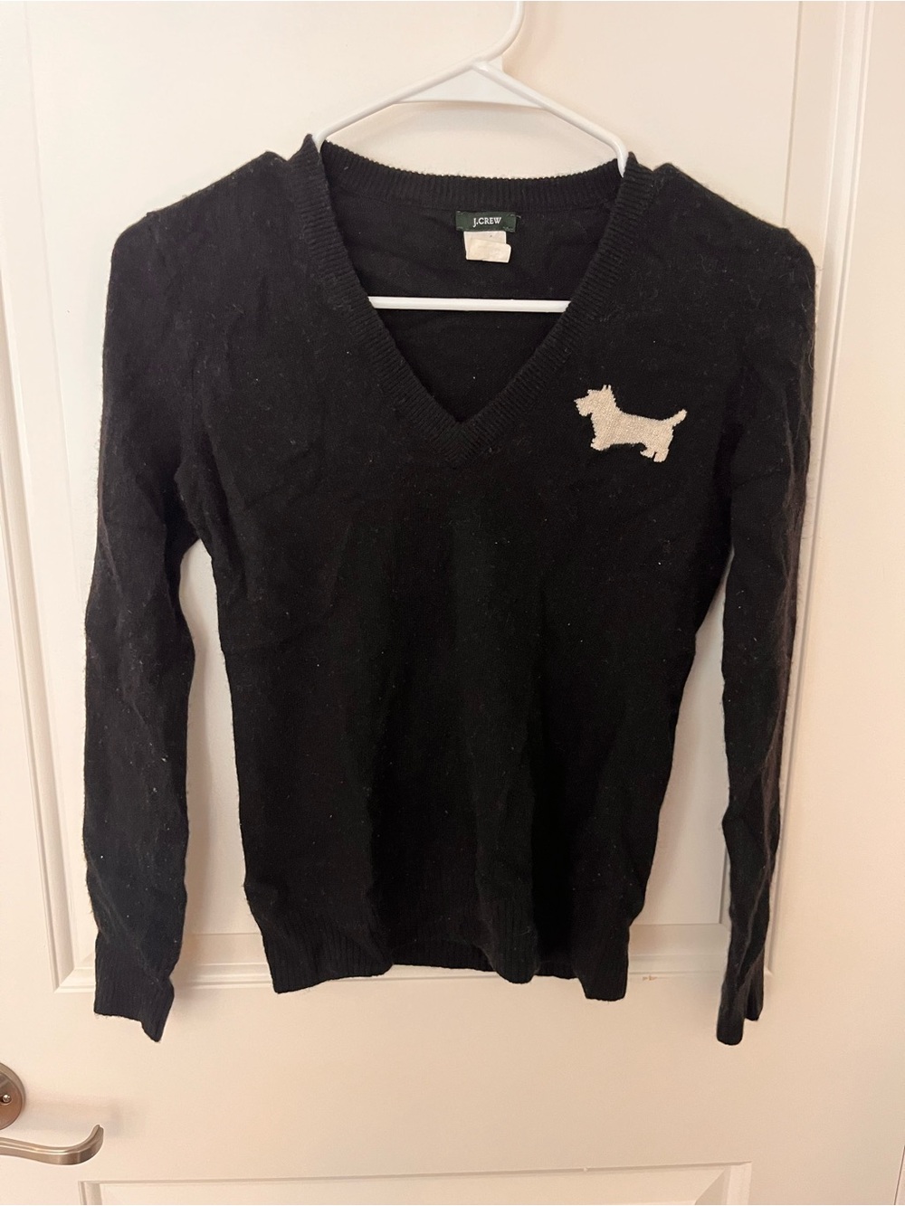 J. Crew Black wool V-Neck Sweater with Dog Patch